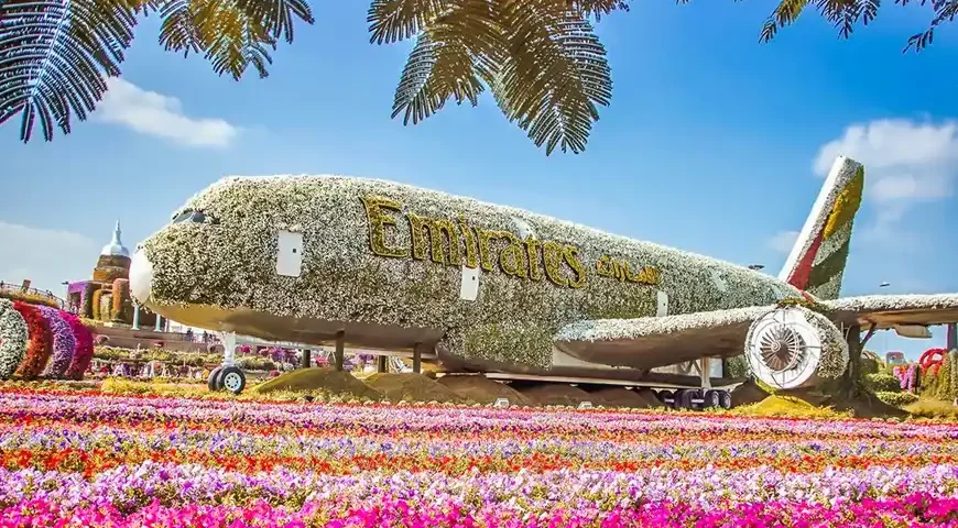 Dubai Miracle Garden entrance showcasing vibrant flower displays